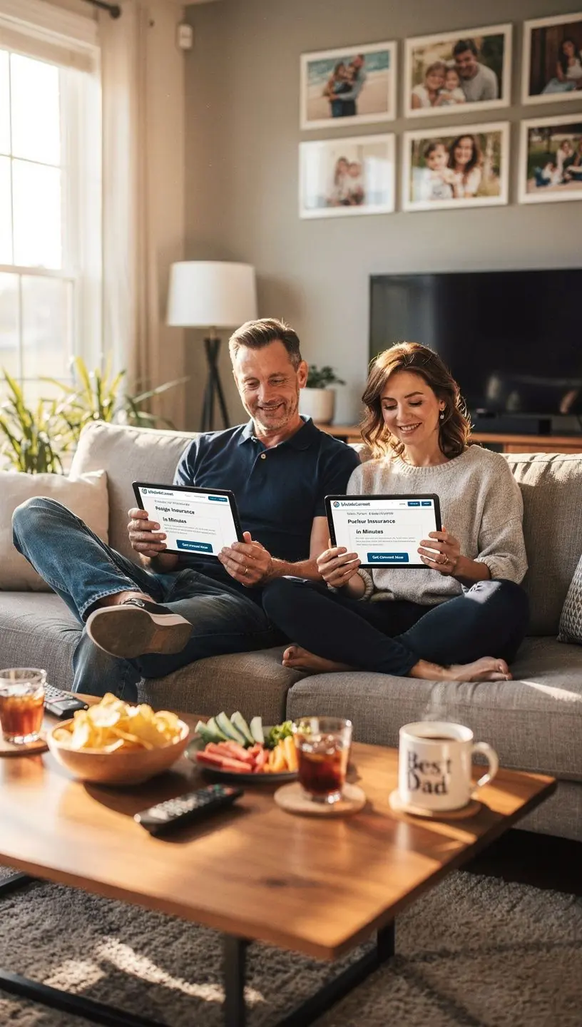 Zadowolony klient kupujący ubezpieczenie samochodowe online na swoim laptopie.